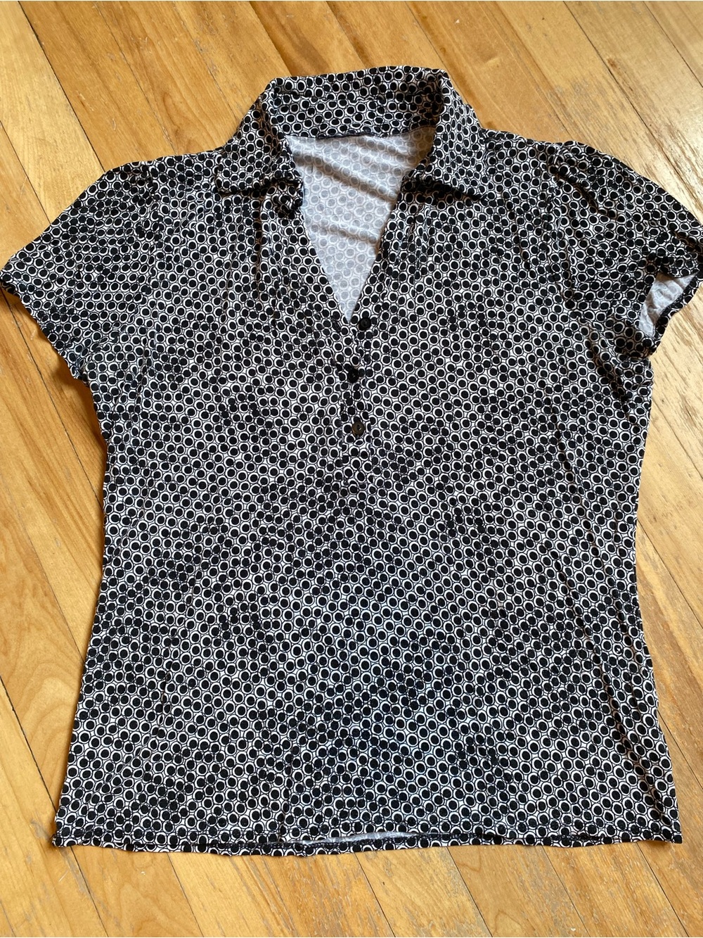 Women's Black and White Geometric Polo Top Size S 100% Cotton Officesiren